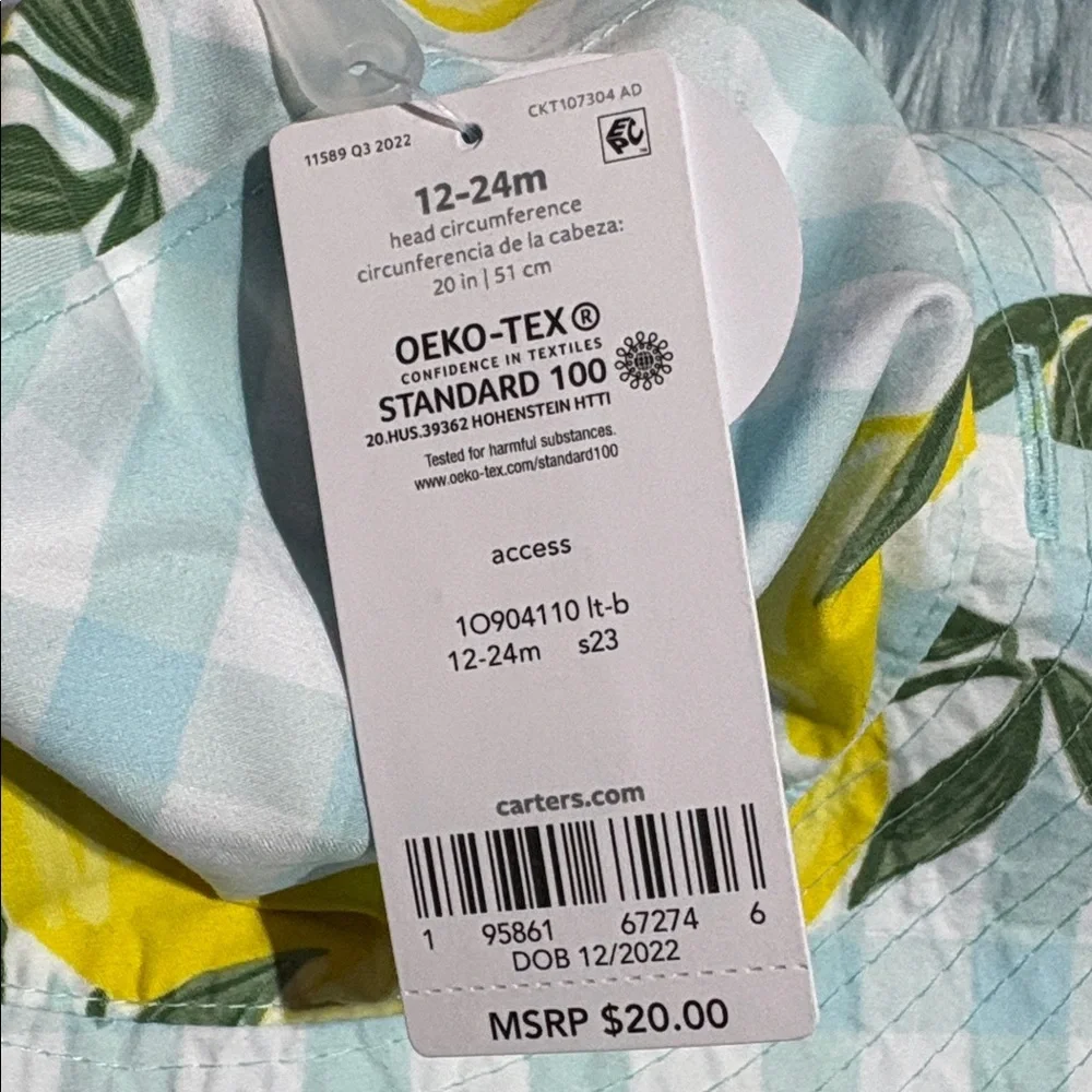 NWT Carters Lemon Reversible Bucket Hat sz 12-24M